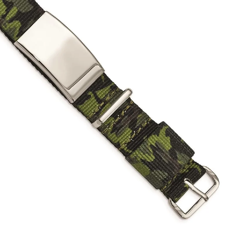 Best bangle bracelets with unique stone inlays for a one-of-a-kind accessory-Stainless Steel Polished Green Camo Fabric Adjustable ID Bracelet