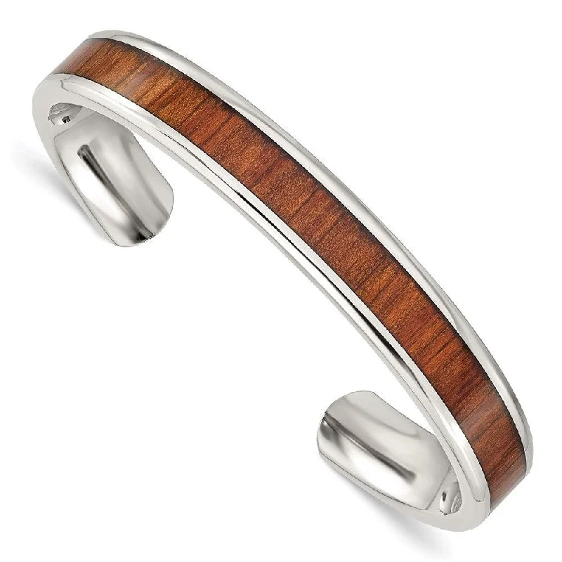 Best bangle bracelets with engraved floral patterns for a delicate and elegant design-Stainless Steel Polished Red/Orange Wood Inlay Bangle