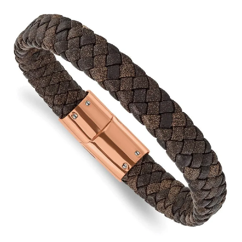 Bold bangle bracelets with mixed materials like wood, metal, and fabric-Stainless Steel Polished Rose IP Braided Brown Leather Bracelet