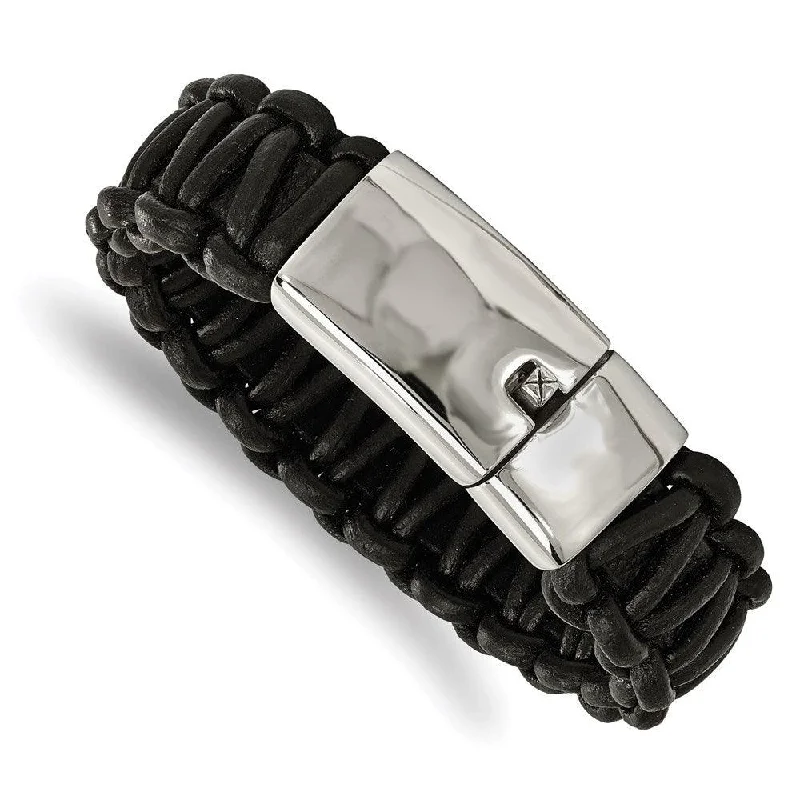 Best bangle bracelets with intricate filigree patterns for an elegant and detailed finish-Stainless Steel Polished Rounded Braided Black Leather Bracelet