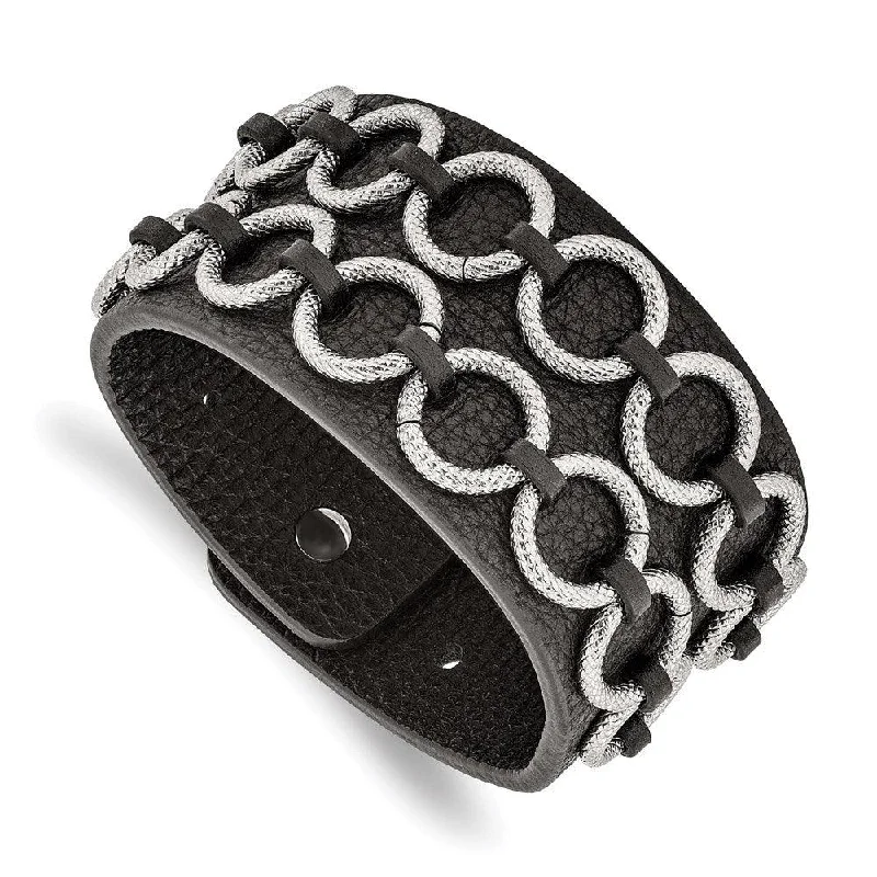 Wide bangle bracelets with animal print designs for a bold and exotic look-Stainless Steel Polished Textured Black Leather Bracelet