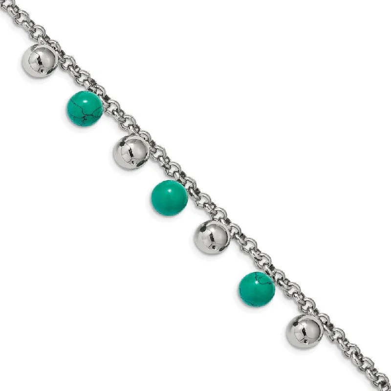 Adjustable bangle bracelets with toggle clasps for easy, secure wearing-Stainless Steel Polished w/Imit.Turquoise Beads w/2in ext. 7in Bracelet