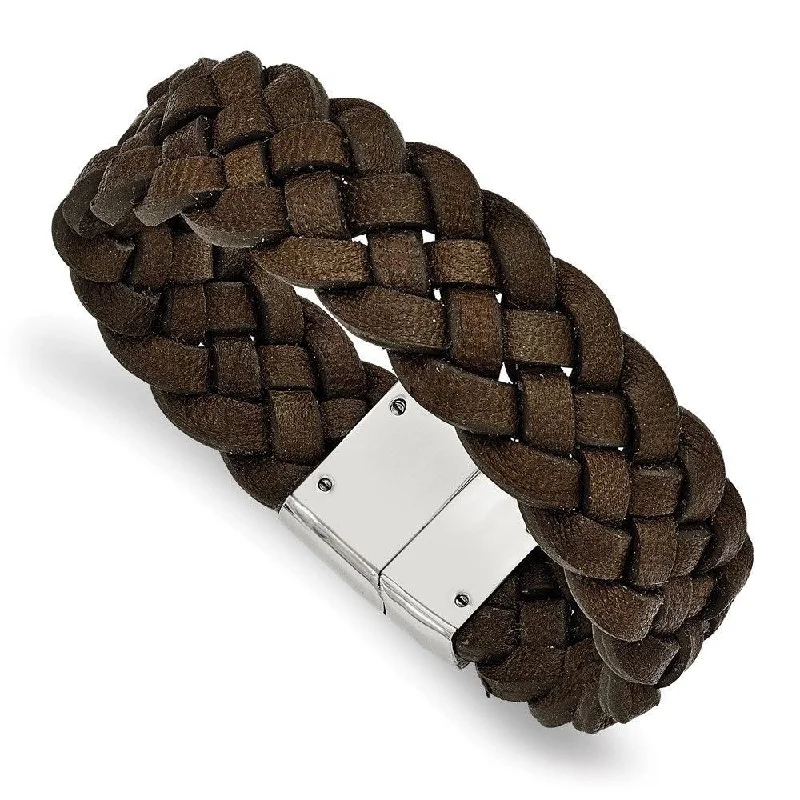 Best bangle bracelets with twisted rope designs for a textured, nautical-inspired look-Stainless Steel Polished Woven Brown Leather Bracelet