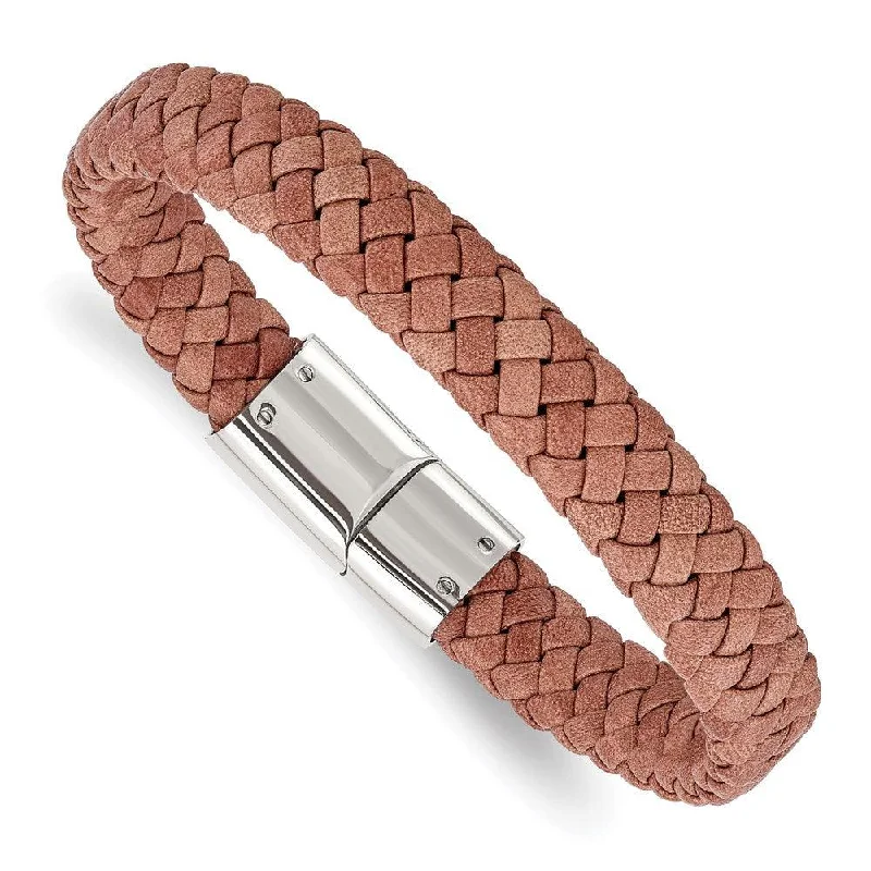 Bangle bracelets with enamel inlay designs for a colorful and eye-catching appearance-Stainless Steel Polished Woven Brown Leather Bracelet