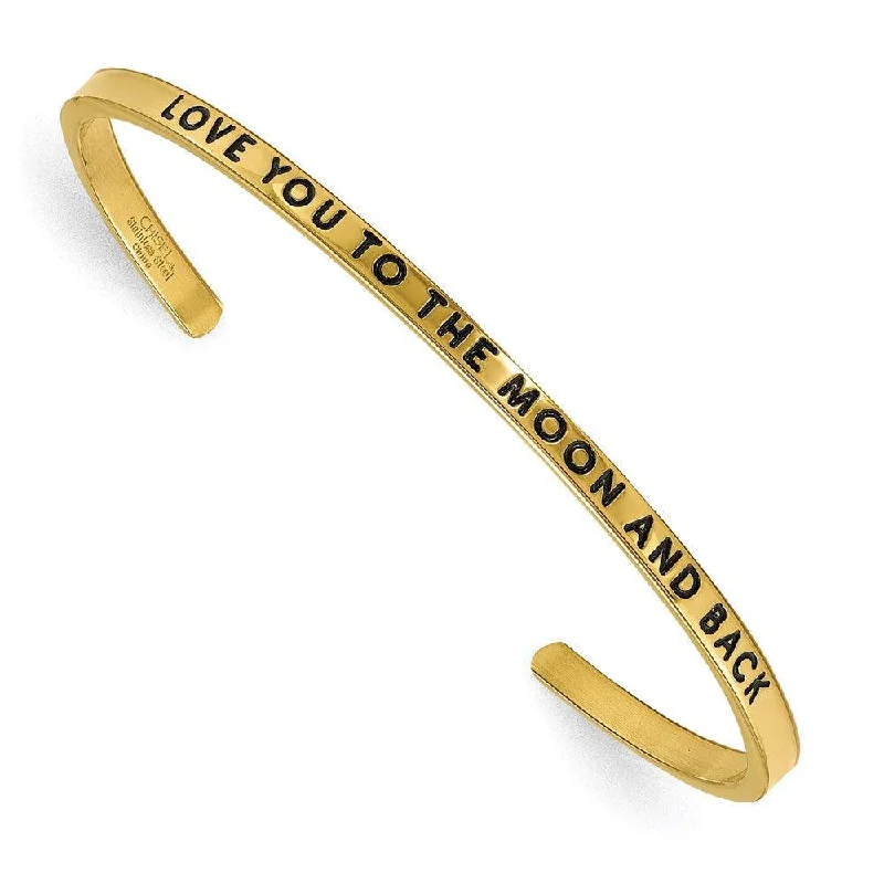 Simple bangle bracelets with smooth matte finishes for a subtle and modern style-Stainless Steel Yellow IP-plated Love you to the Moon CZ 3mm Cuff Bangle