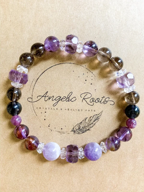 Stylish bangle bracelets with gemstone accents for a chic and modern look-Super 7, Amethyst, Smoky Quartz, & Lepidolite Beaded Bracelet || Reiki Infused