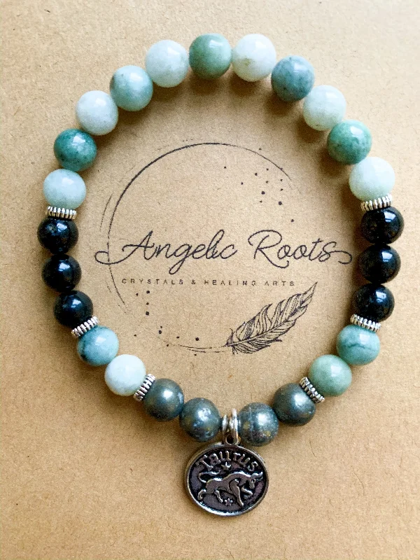 Best bangle bracelets with sapphire stones for an elegant and rich pop of color-TAURUS Burmese Jade, Tourmaline, Pyrite Beaded Bracelet || Reiki Infused