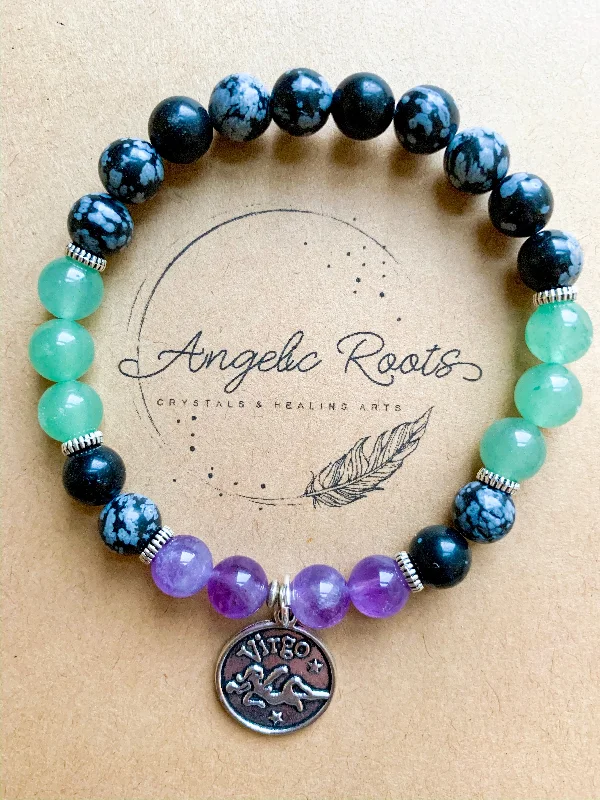 Art deco bangle bracelets with bold lines and shapes for a vintage-inspired flair-VIRGO Snowflake Obsidian, Green Aventurine, Amethyst Beaded Bracelet || Reiki Infused