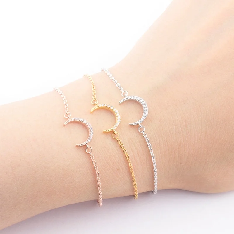 Simple gold bangle bracelets with smooth finishes for a classic and elegant style-Women CZ Crystal Crescent Moon Pendant Bracelet